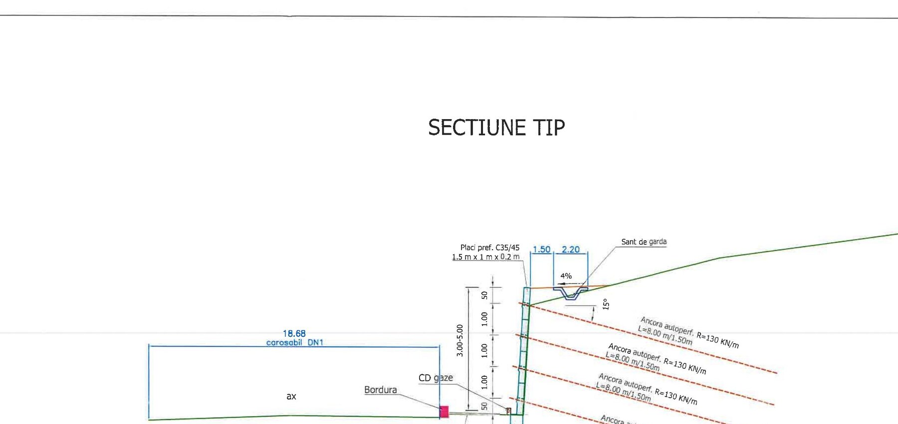 Secțiune tehnică pentru consolidarea zidului de sprijin de pe DN1 la Comarnic